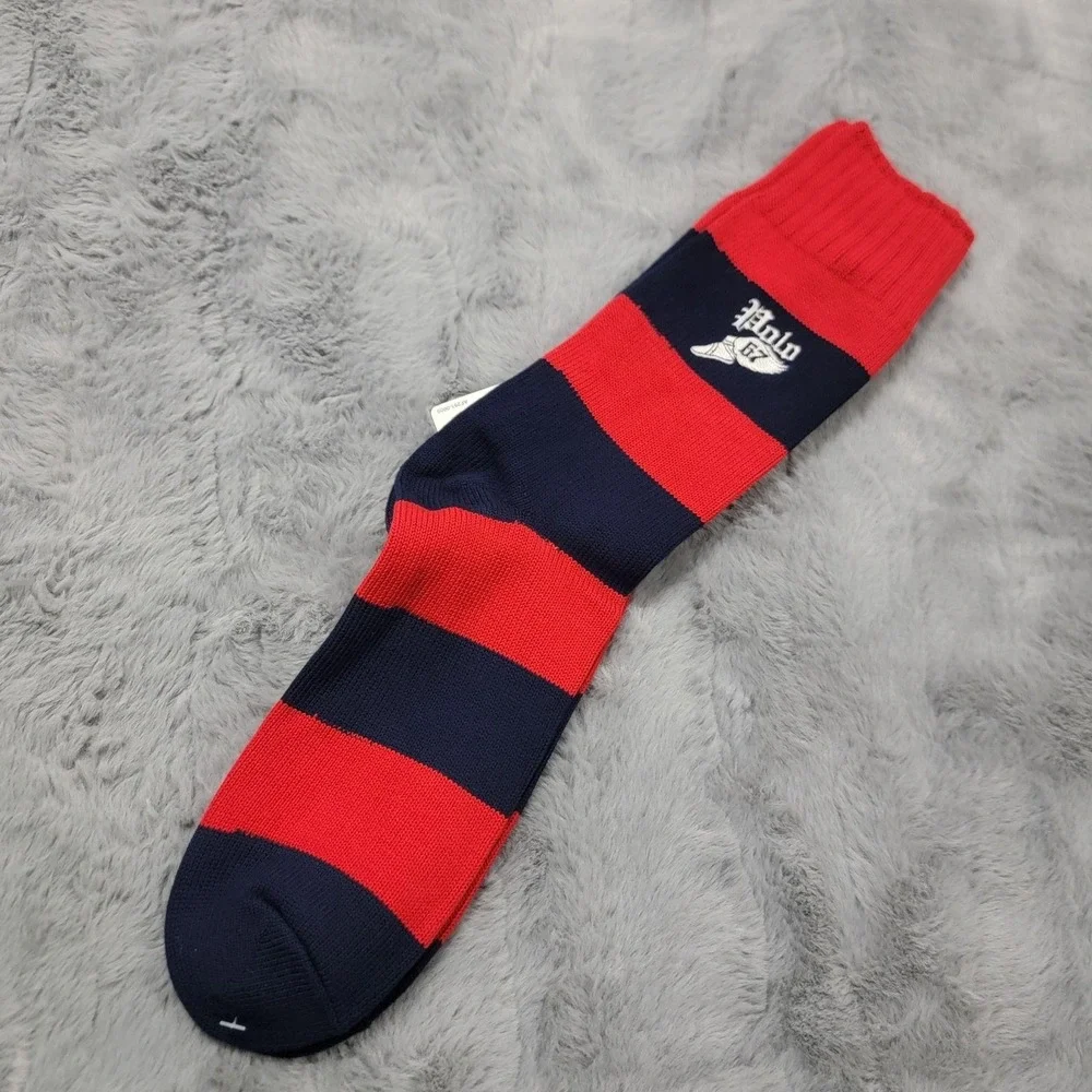 Polo Ralph Lauren Socks Mens 10-13 Red Blue Stripe 67 Winged Foot Crew Mid Calf
